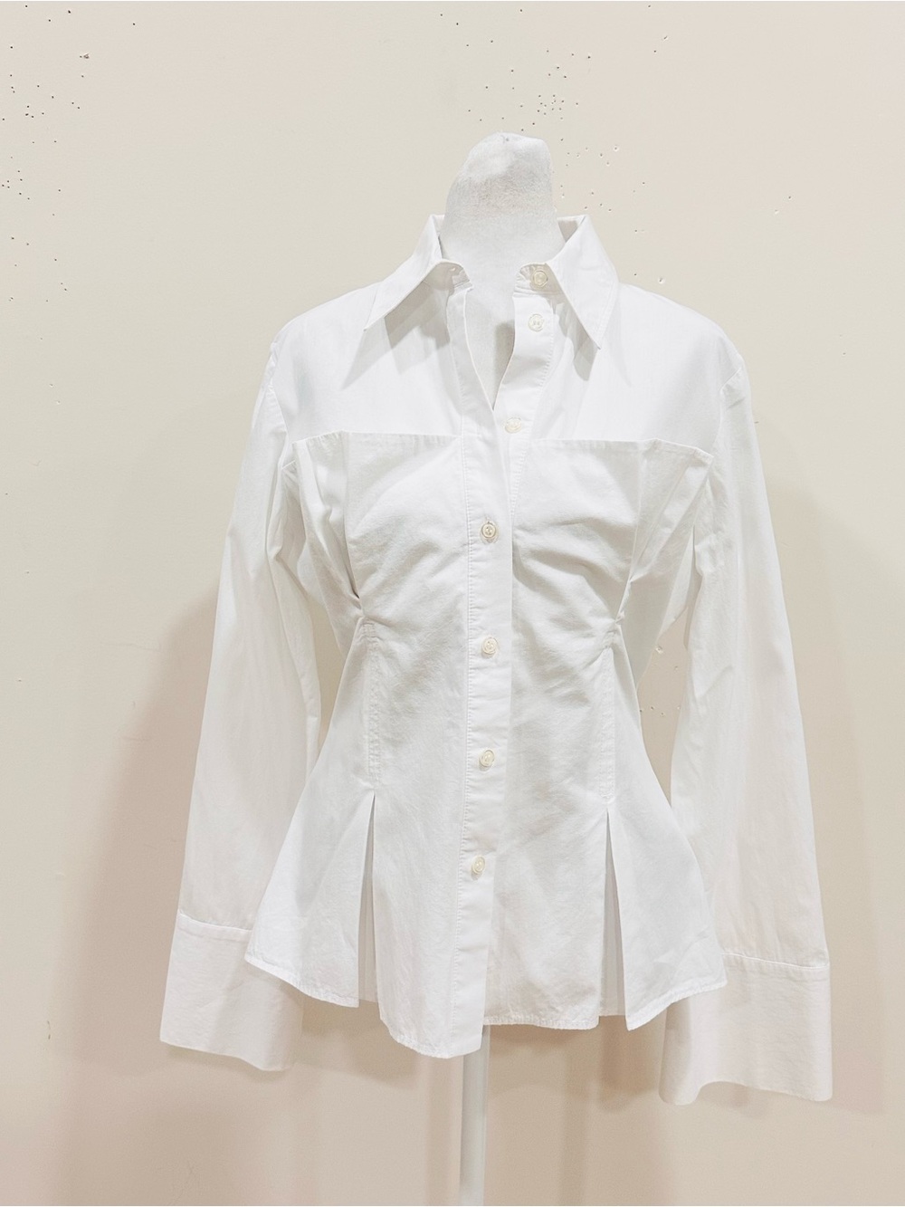 Zara White Poplin Corset Shirt Pleated Waist Ext Cuff Blouse M - Picture 2 of 12